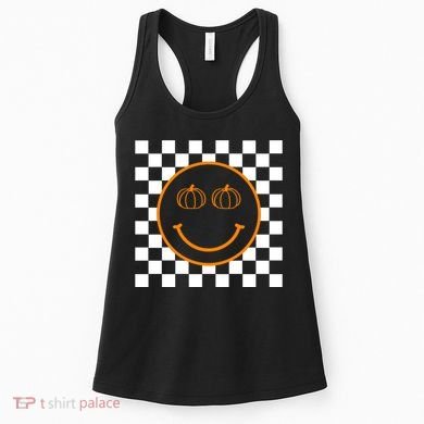 Pumpkin Smiley Retro Checkered Women's Tank Top