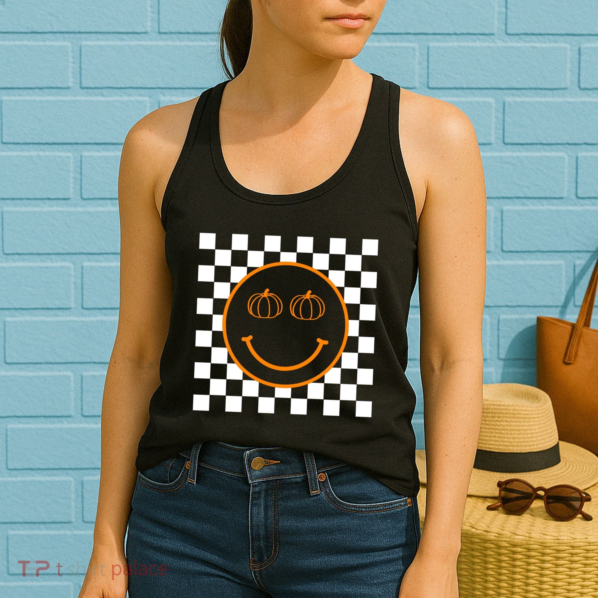 Pumpkin Smiley Retro Checkered Women's Tank Top