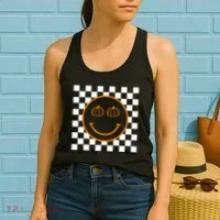 Pumpkin Smiley Retro Checkered Women's Tank Top thumb 2