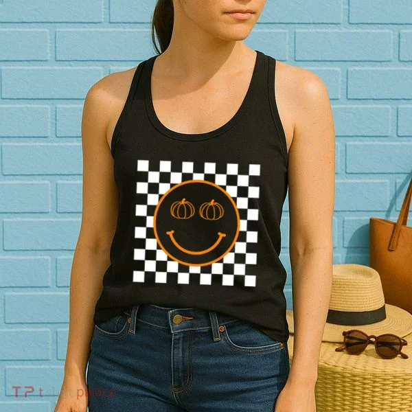 Pumpkin Smiley Retro Checkered Women's Tank Top