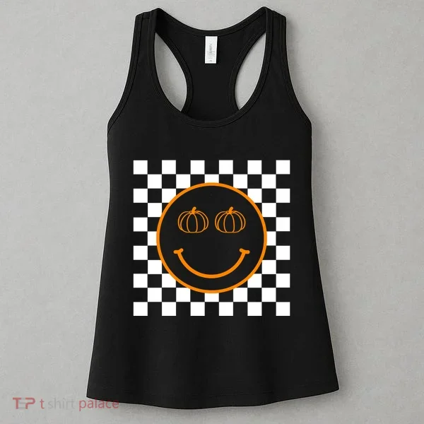 Pumpkin Smiley Retro Checkered Women's Tank Top