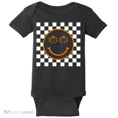 Pumpkin Smiley Retro Checkered Baby Bodysuit