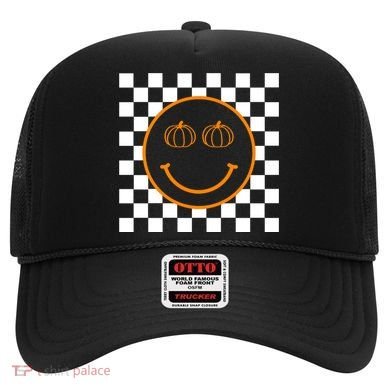 Pumpkin Smiley Retro Checkered Hat