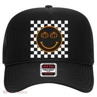 Pumpkin Smiley Retro Checkered Hat thumb 0