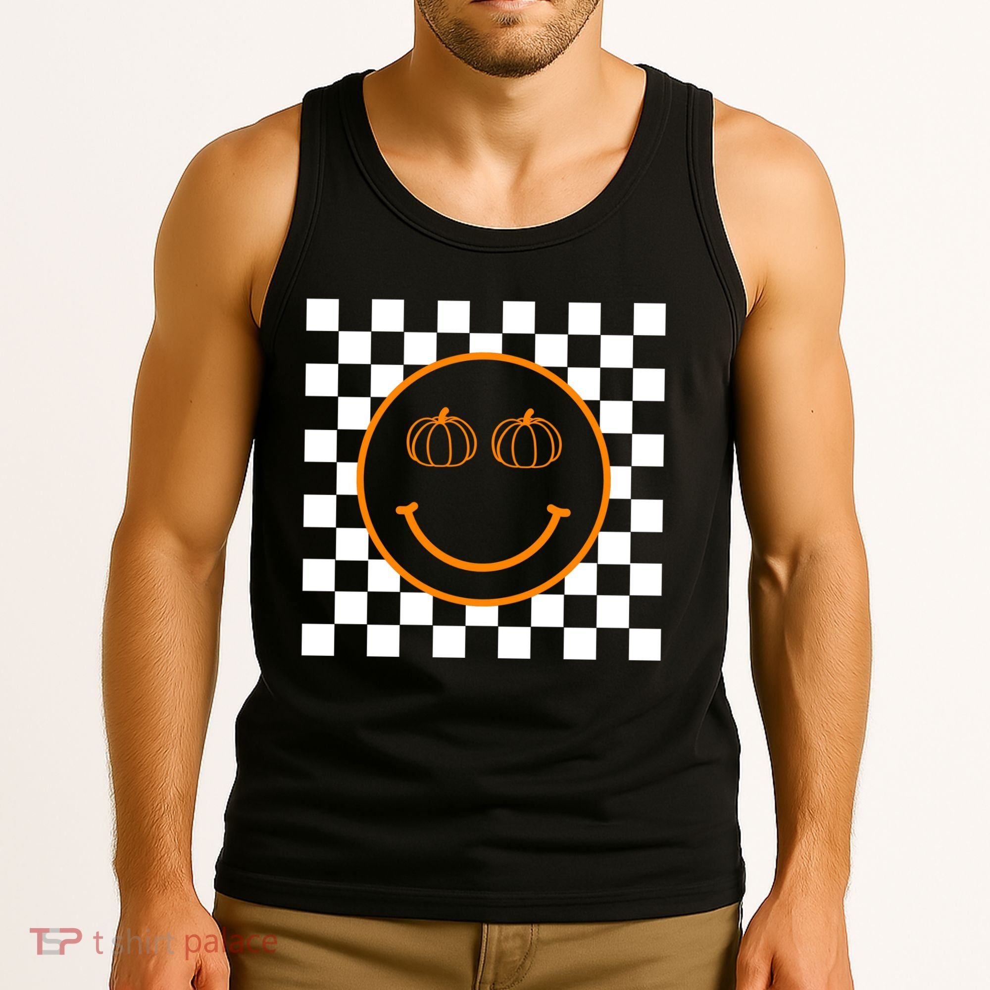 Pumpkin Smiley Retro Checkered Tank Top
