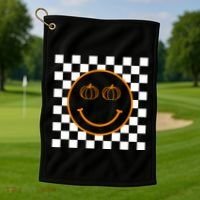 Pumpkin Smiley Retro Checkered Golf Towel thumb 1