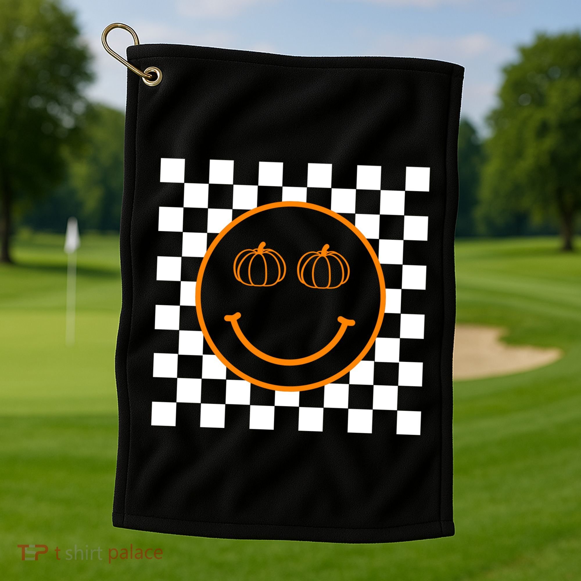 Pumpkin Smiley Retro Checkered Golf Towel