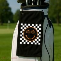 Pumpkin Smiley Retro Checkered Golf Towel thumb 2