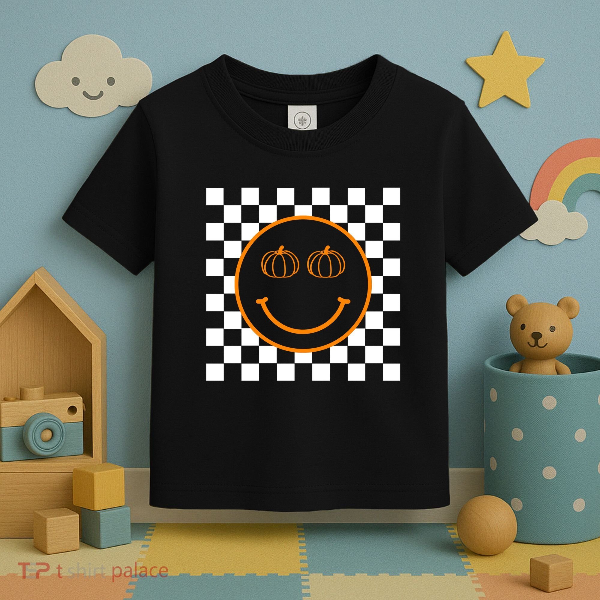 Pumpkin Smiley Retro Checkered Toddler T-Shirt