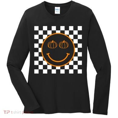 Pumpkin Smiley Retro Checkered Women's Long Sleeve Shirt