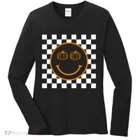 Pumpkin Smiley Retro Checkered Women's Long Sleeve Shirt thumb 0