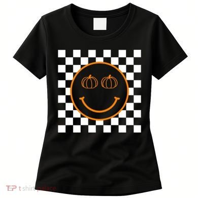 Pumpkin Smiley Retro Checkered Women's T-Shirt