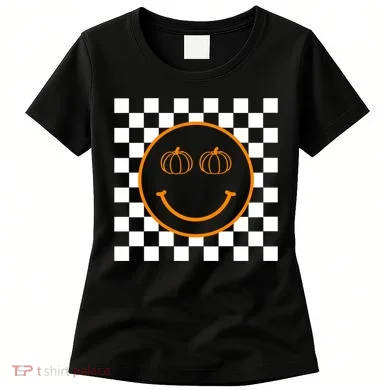 Pumpkin Smiley Retro Checkered Women's T-Shirt