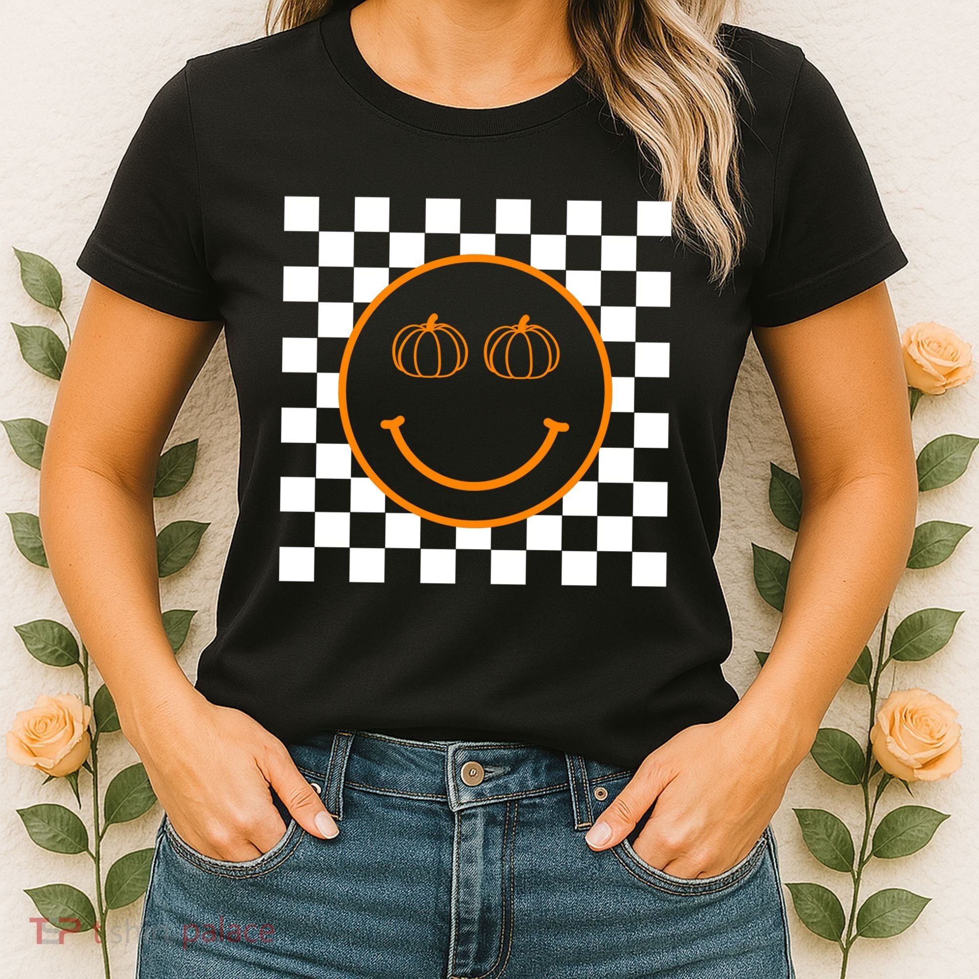 Pumpkin Smiley Retro Checkered Women's T-Shirt