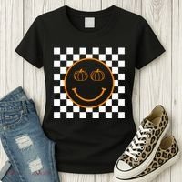 Pumpkin Smiley Retro Checkered Women's T-Shirt thumb 3