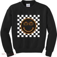 Pumpkin Smiley Retro Checkered Kids Sweatshirt thumb 0
