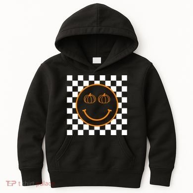 Pumpkin Smiley Retro Checkered Kids Hoodie