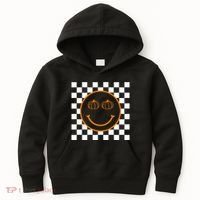 Pumpkin Smiley Retro Checkered Kids Hoodie thumb 0