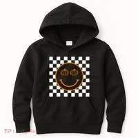 Pumpkin Smiley Retro Checkered Kids Hoodie thumb 0