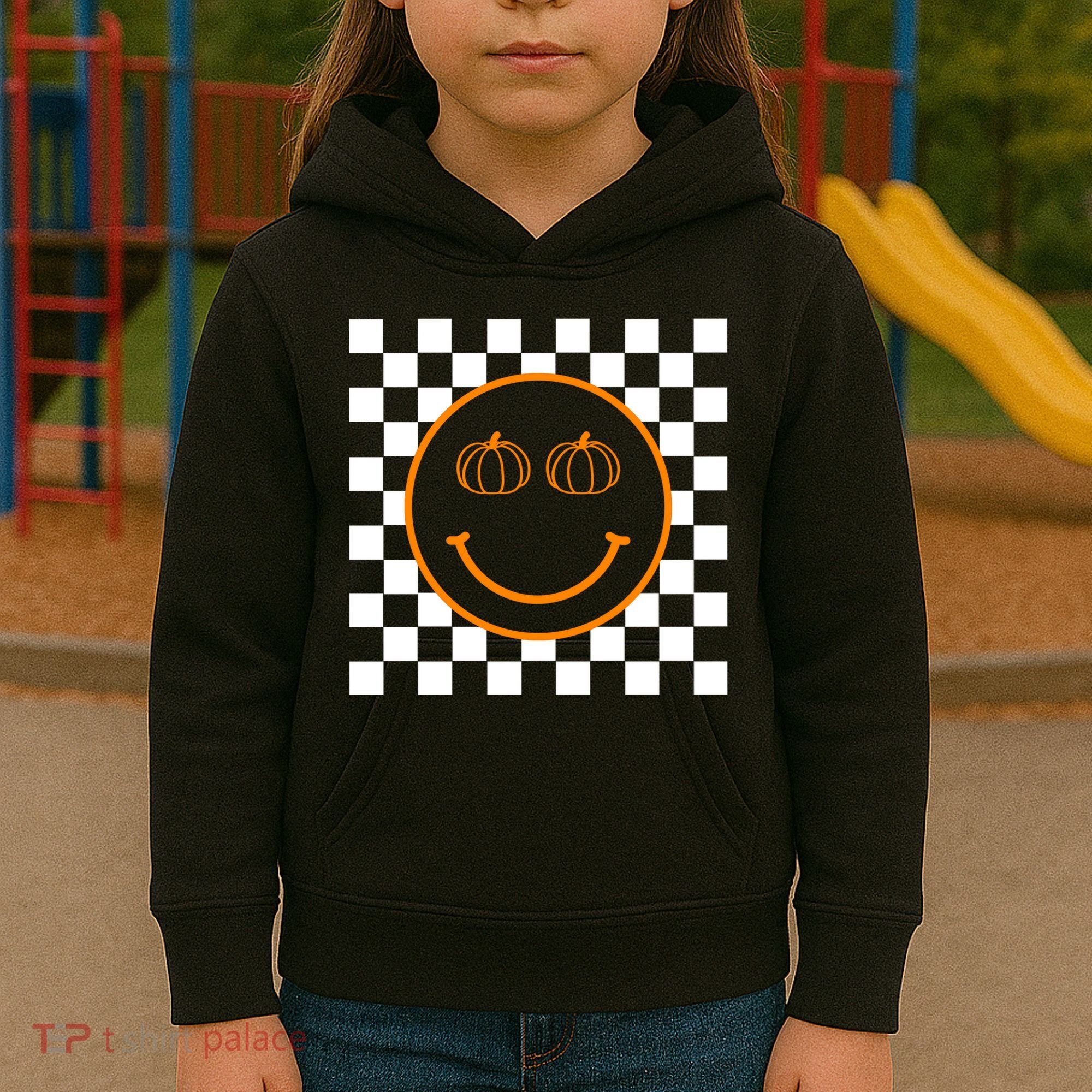 Pumpkin Smiley Retro Checkered Kids Hoodie
