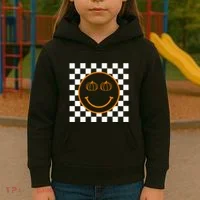 Pumpkin Smiley Retro Checkered Kids Hoodie thumb 3