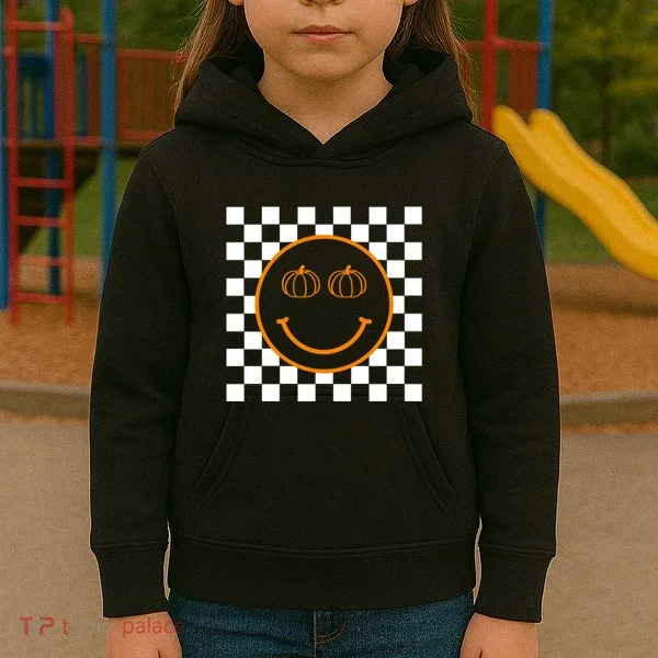Pumpkin Smiley Retro Checkered Kids Hoodie
