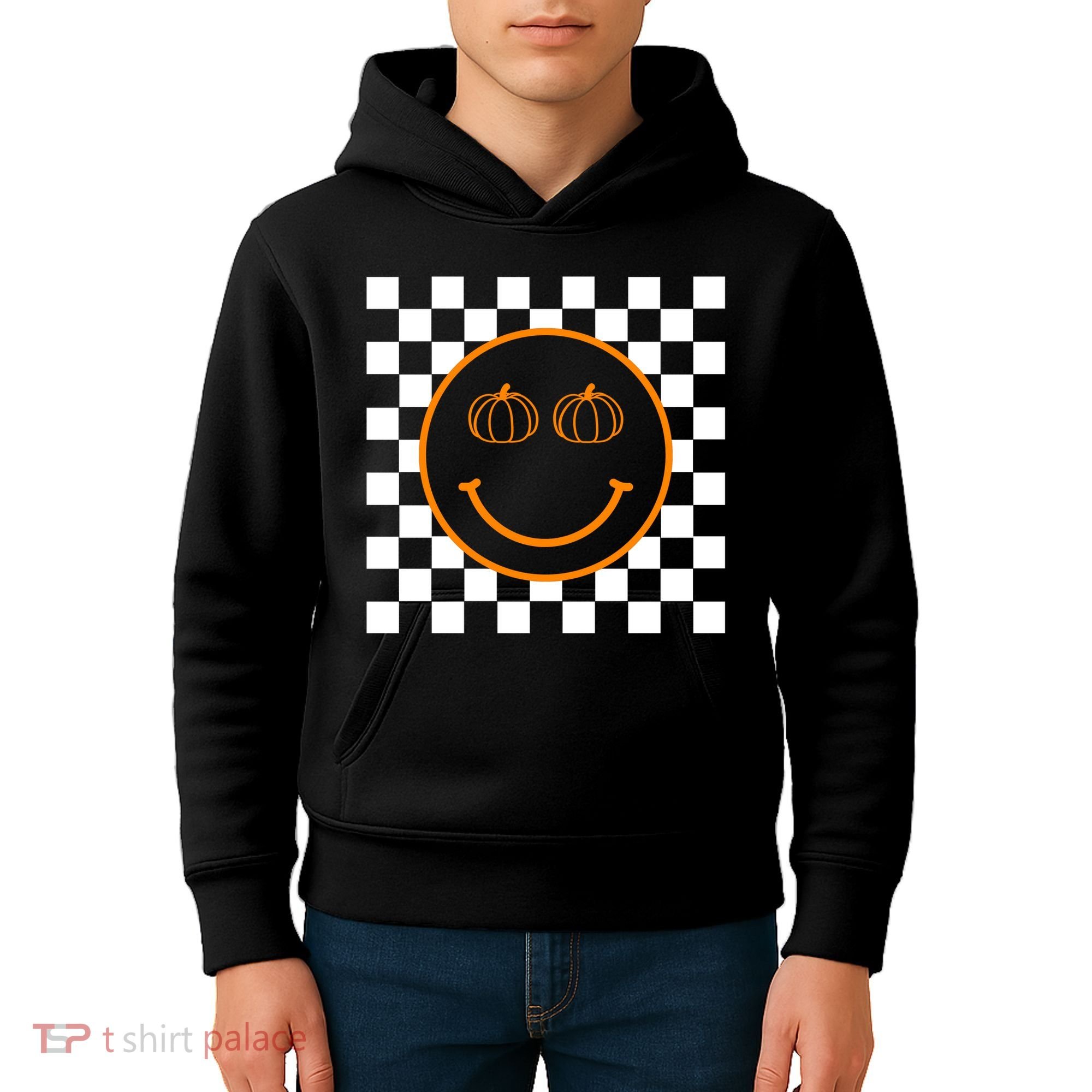 Pumpkin Smiley Retro Checkered Kids Hoodie