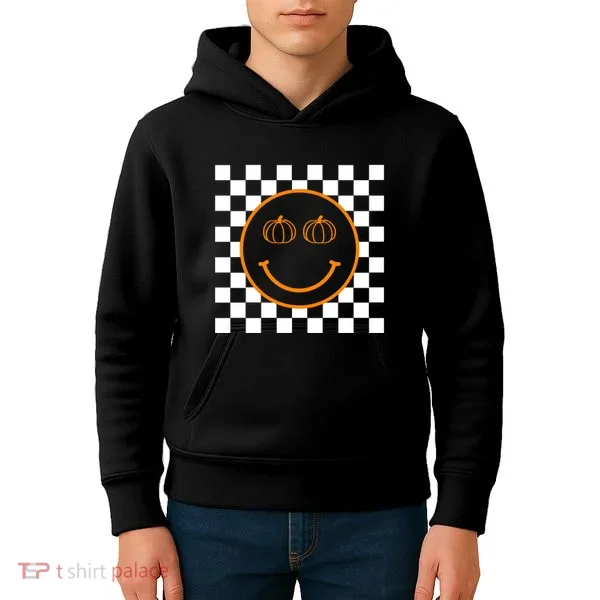 Pumpkin Smiley Retro Checkered Kids Hoodie