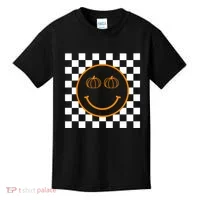 Pumpkin Smiley Retro Checkered Kids T-Shirt thumb 0