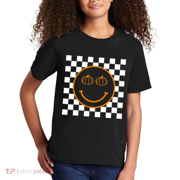 Pumpkin Smiley Retro Checkered Kids T-Shirt