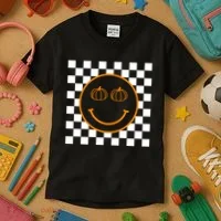 Pumpkin Smiley Retro Checkered Kids T-Shirt thumb 3