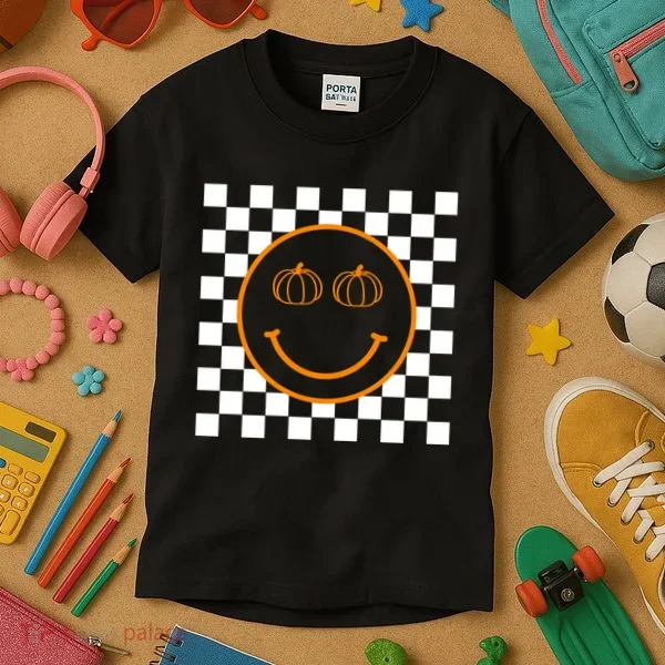 Pumpkin Smiley Retro Checkered Kids T-Shirt