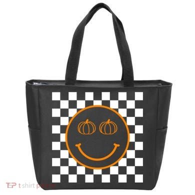 Pumpkin Smiley Retro Checkered Tote Bag