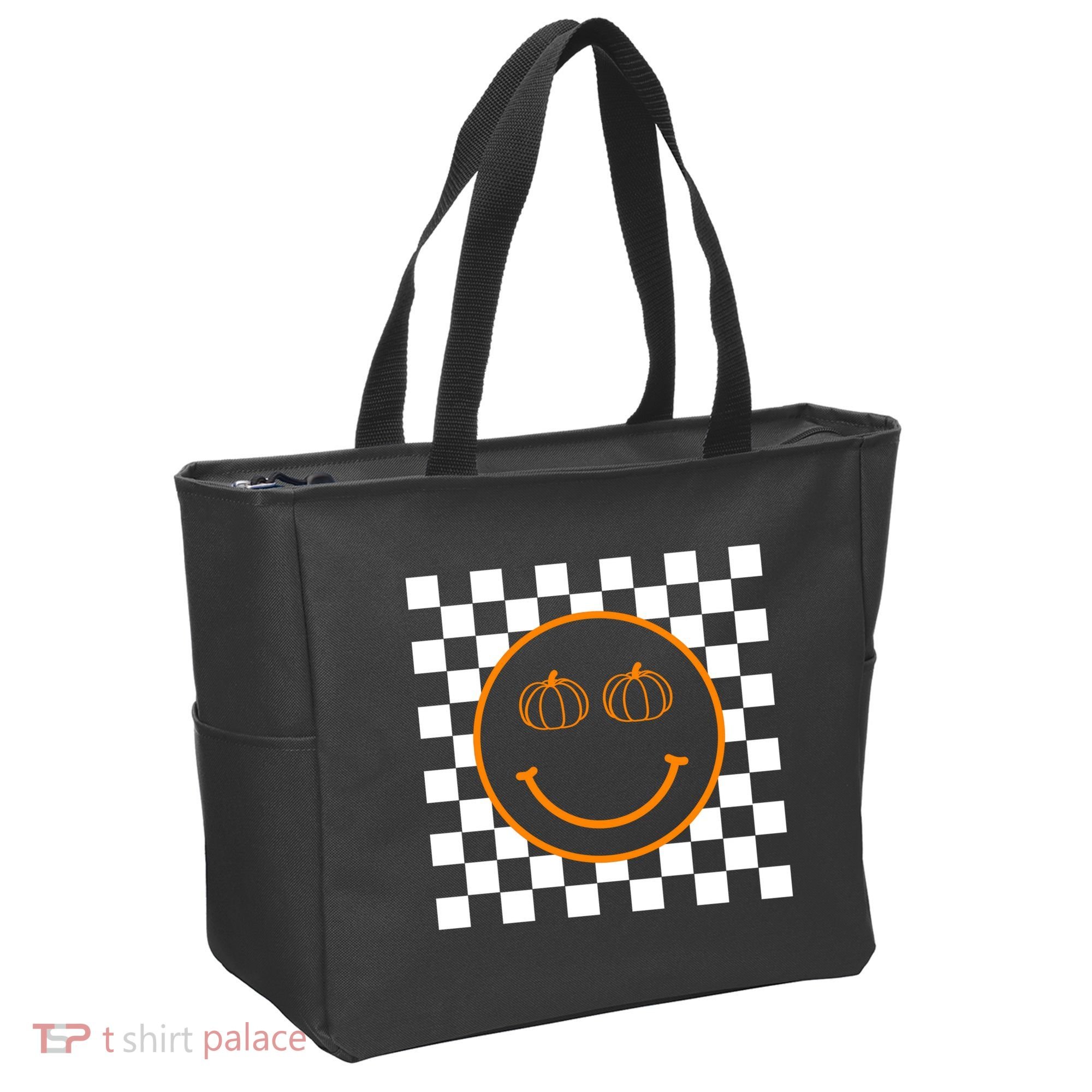 Pumpkin Smiley Retro Checkered Tote Bag
