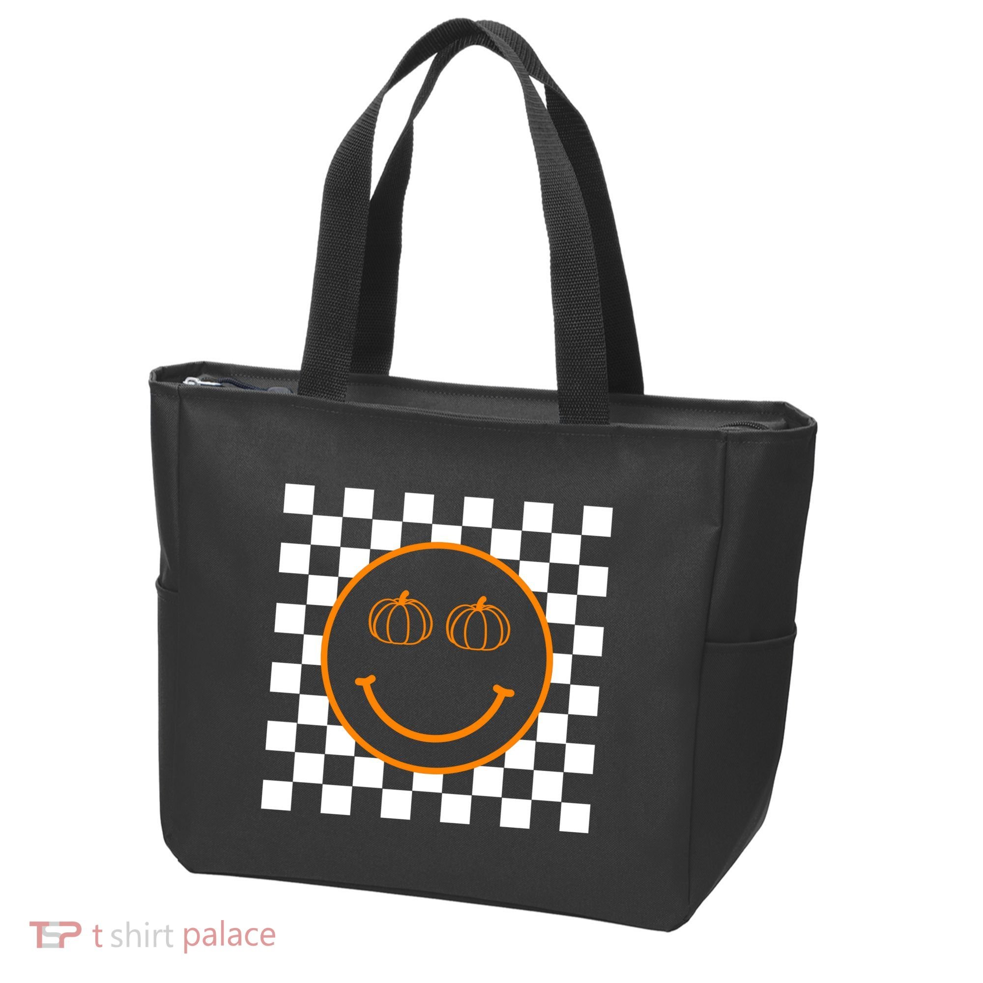 Pumpkin Smiley Retro Checkered Tote Bag