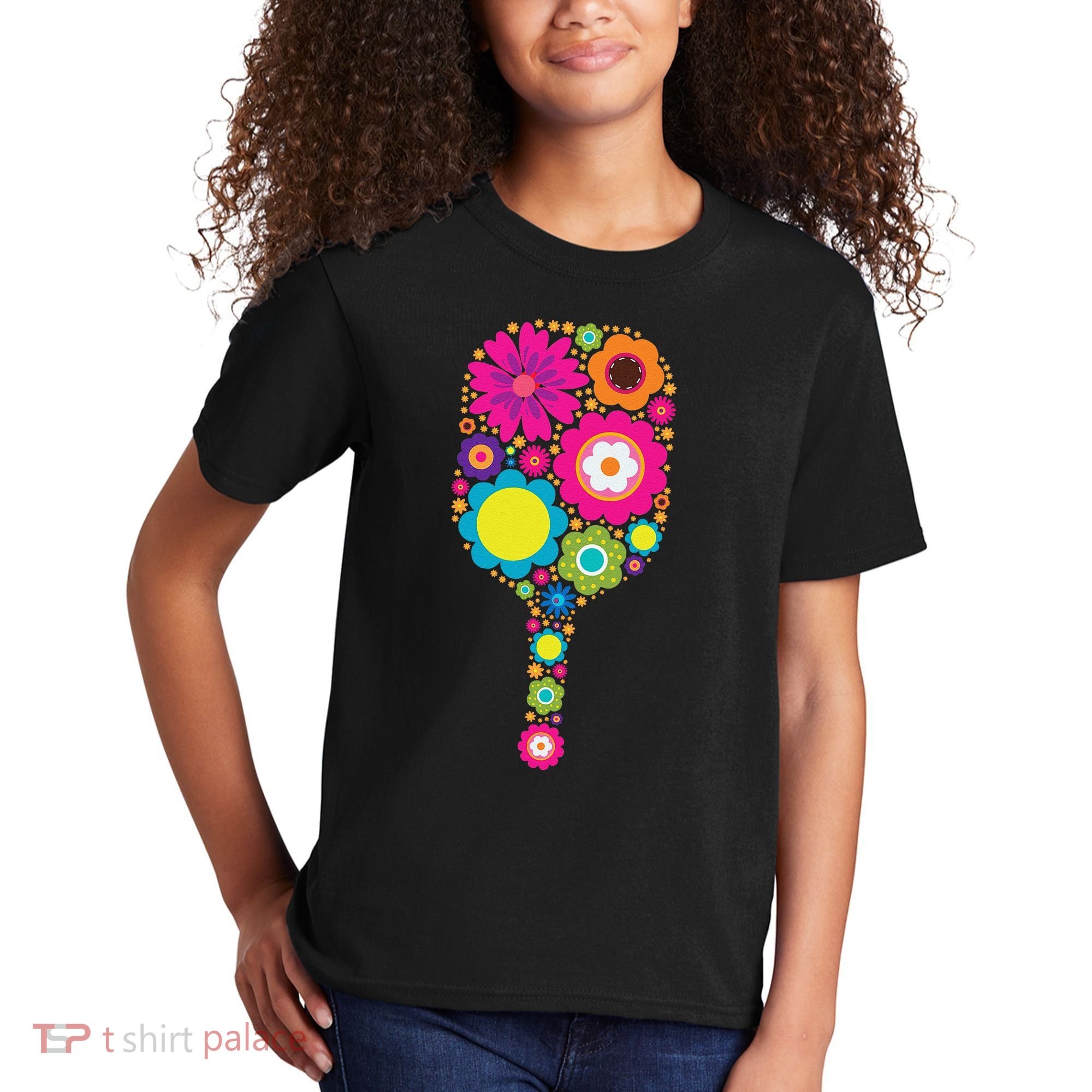 Pickleball Sports Racquet Racket Paddle Flowers Kids T-Shirt
