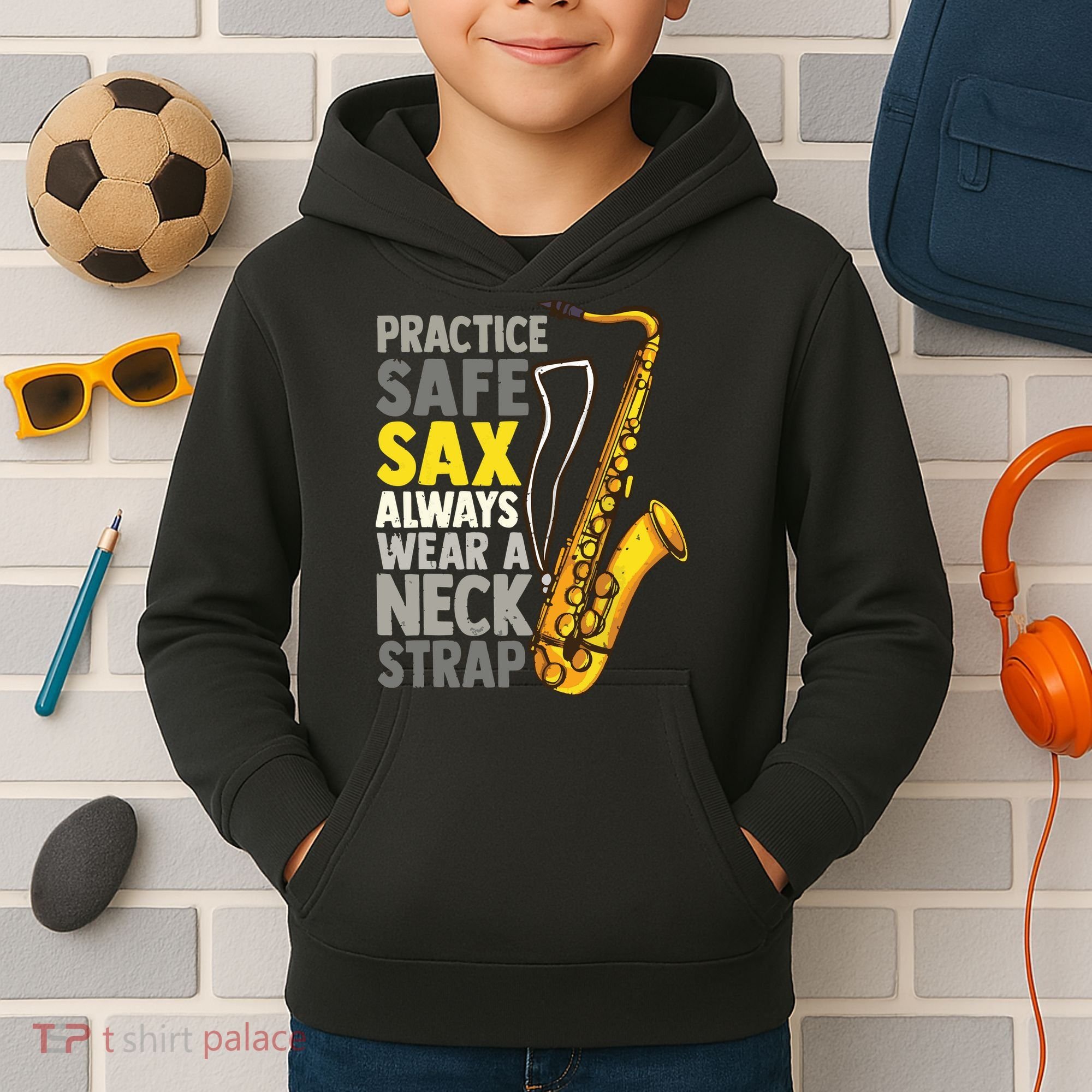 Practice Safe Sax Funny Saxophone Player Jazz Musician Gift Kids Hoodie