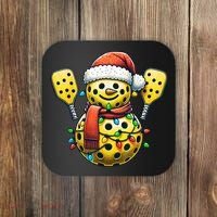 Pickleball Snowman Santa Hat Lights Christmas Pickleball Coaster thumb 0