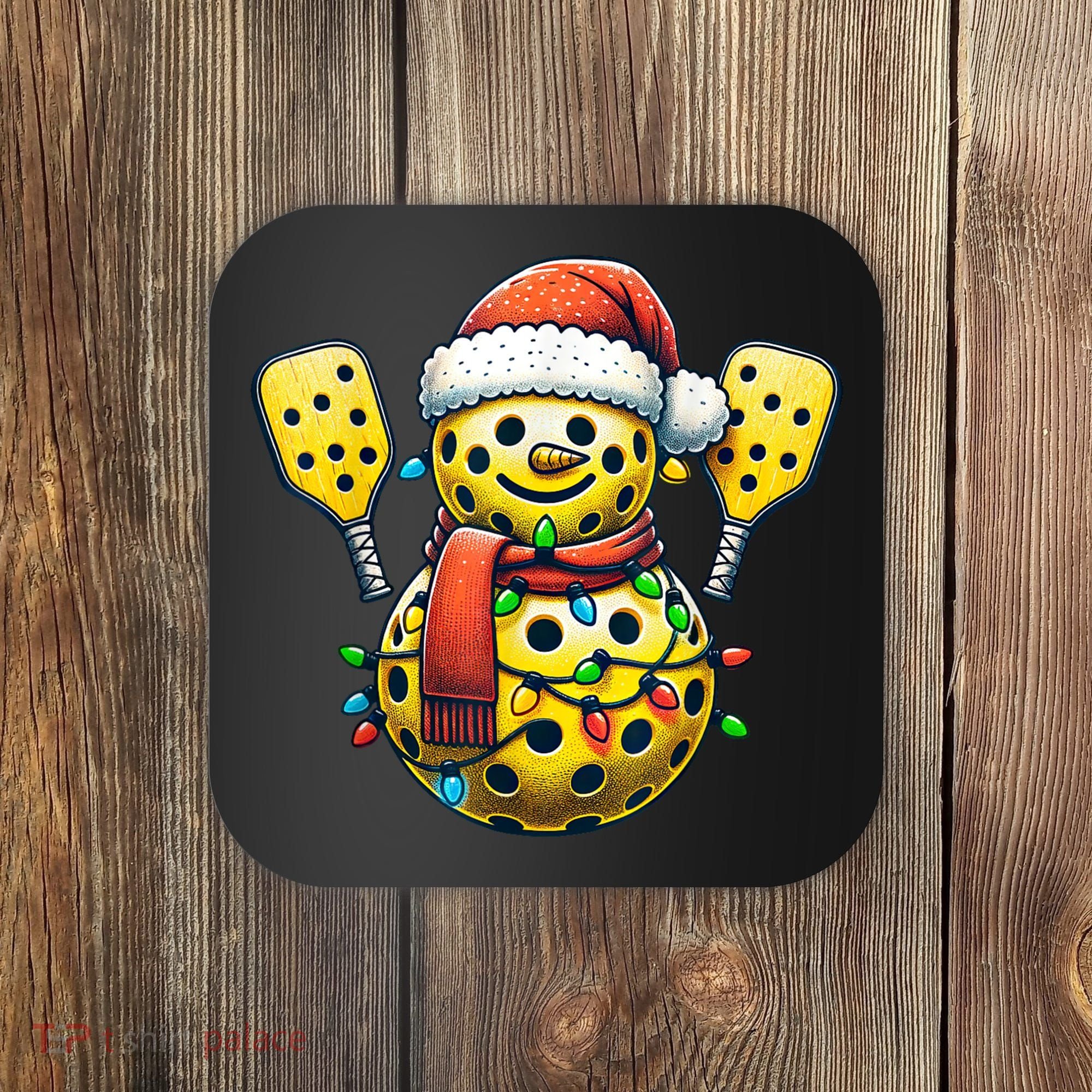 Pickleball Snowman Santa Hat Lights Christmas Pickleball Coaster