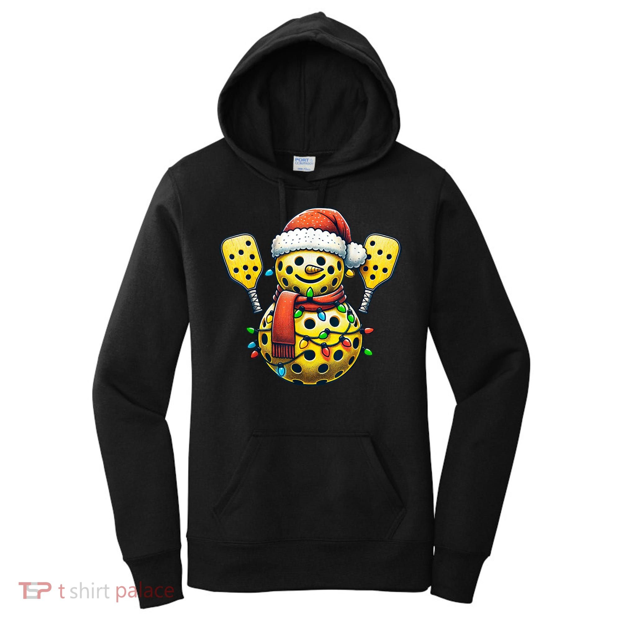 Pickleball Snowman Santa Hat Lights Christmas Pickleball Women's Hoodie