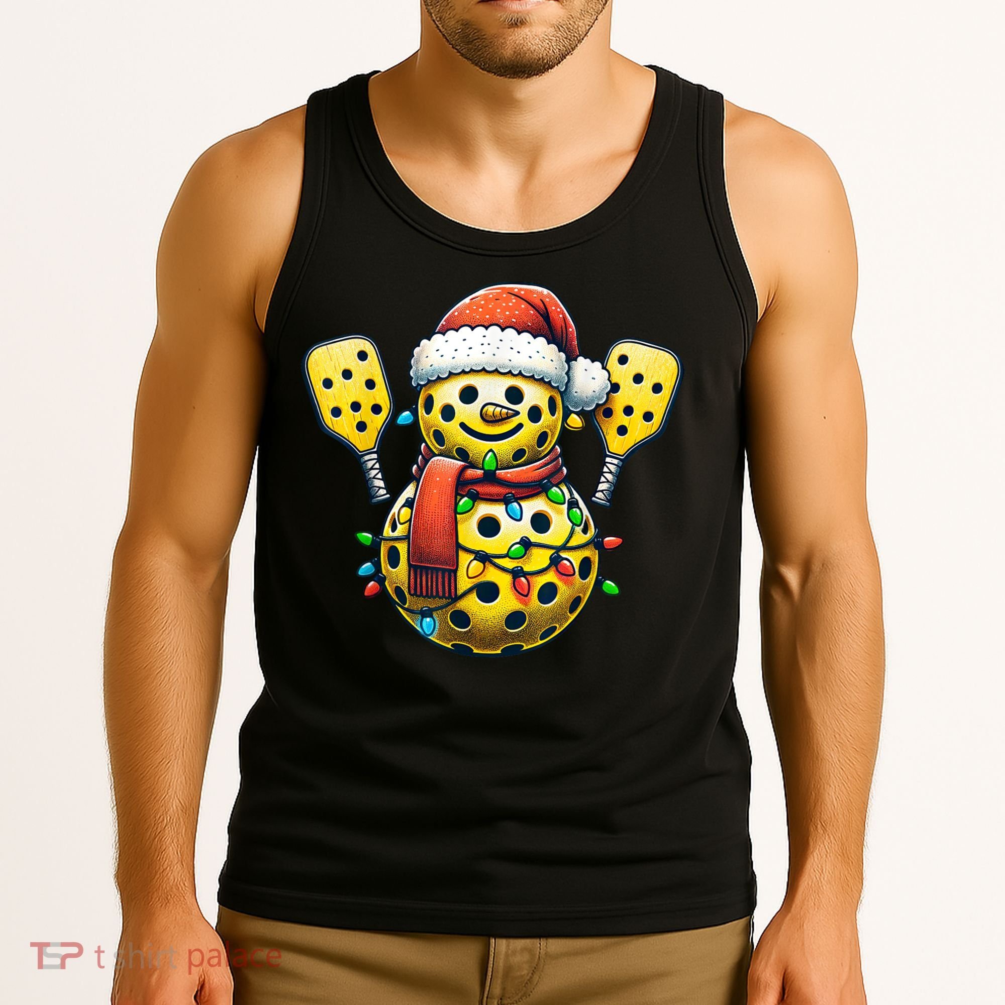 Pickleball Snowman Santa Hat Lights Christmas Pickleball Tank Top