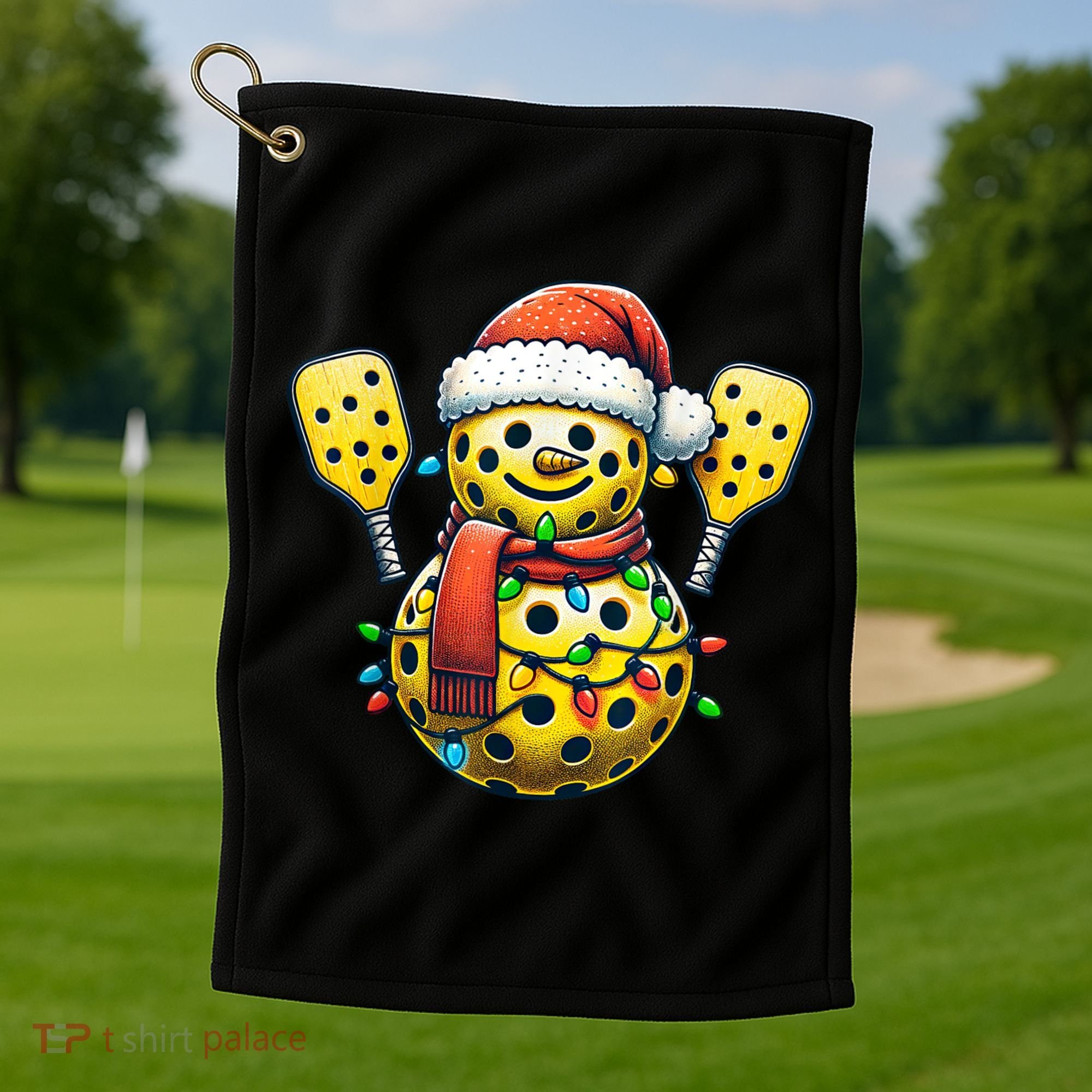 Pickleball Snowman Santa Hat Lights Christmas Pickleball Golf Towel