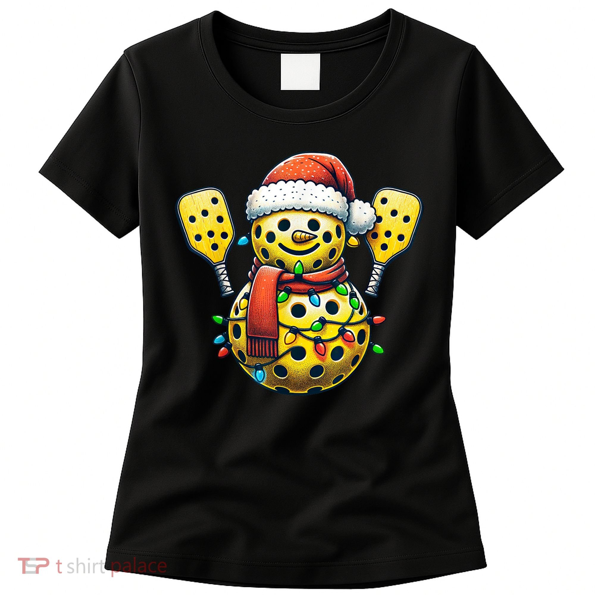 Pickleball Snowman Santa Hat Lights Christmas Pickleball Women's T-Shirt