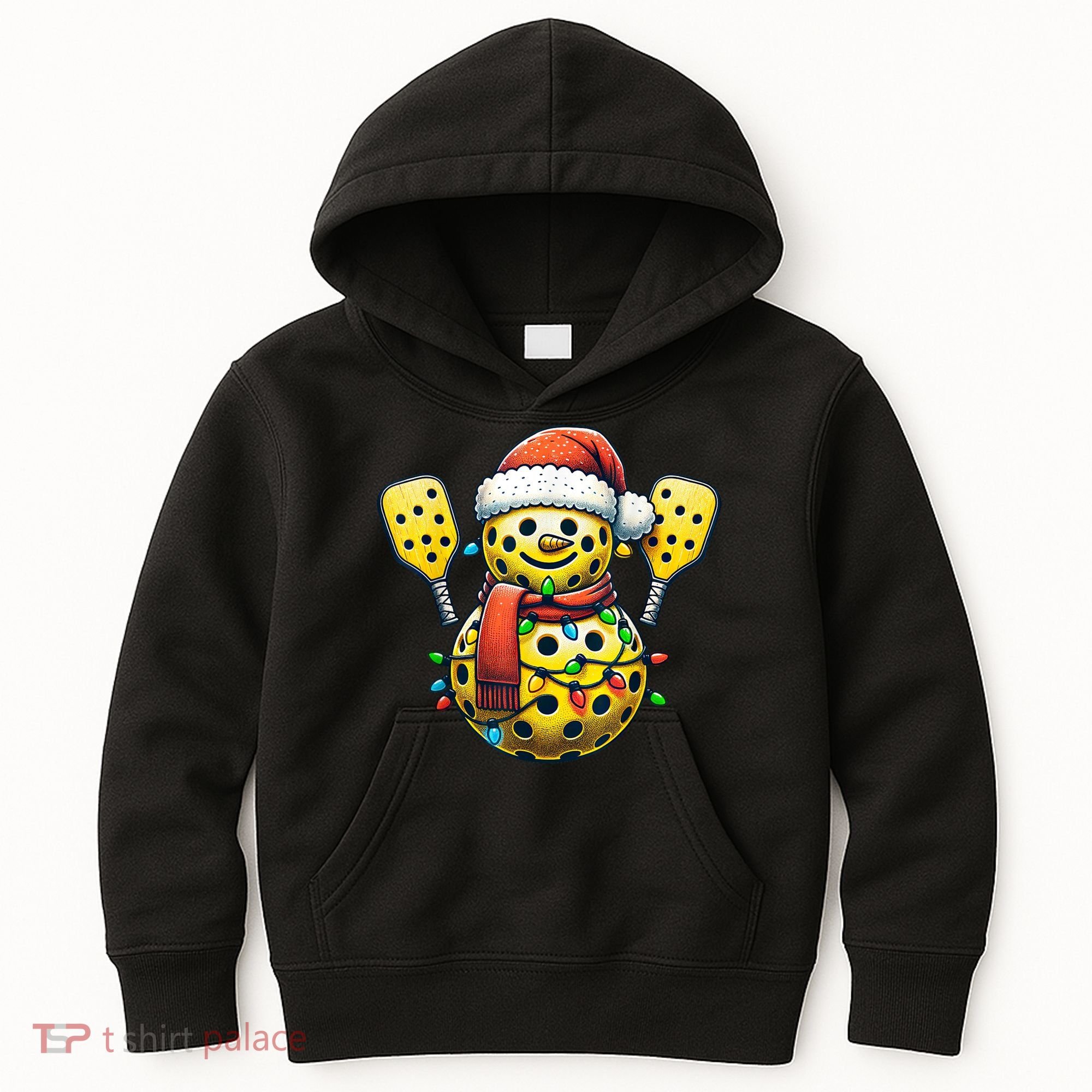 Pickleball Snowman Santa Hat Lights Christmas Pickleball Kids Hoodie