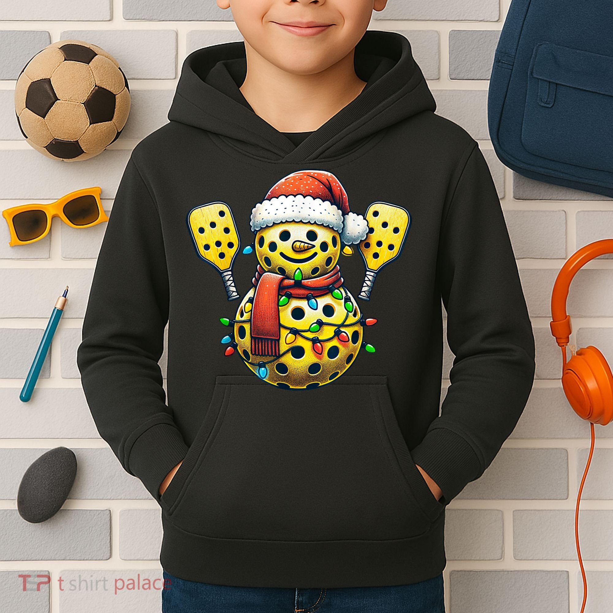 Pickleball Snowman Santa Hat Lights Christmas Pickleball Kids Hoodie