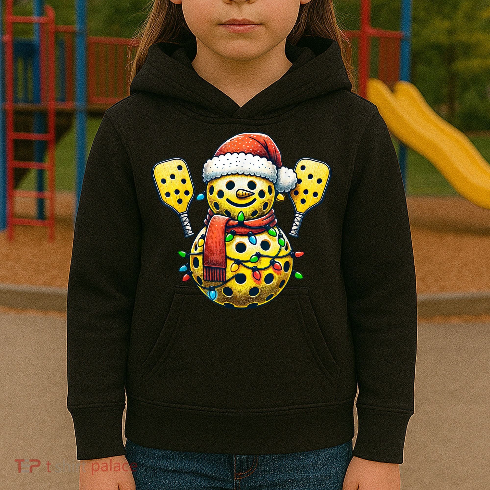 Pickleball Snowman Santa Hat Lights Christmas Pickleball Kids Hoodie
