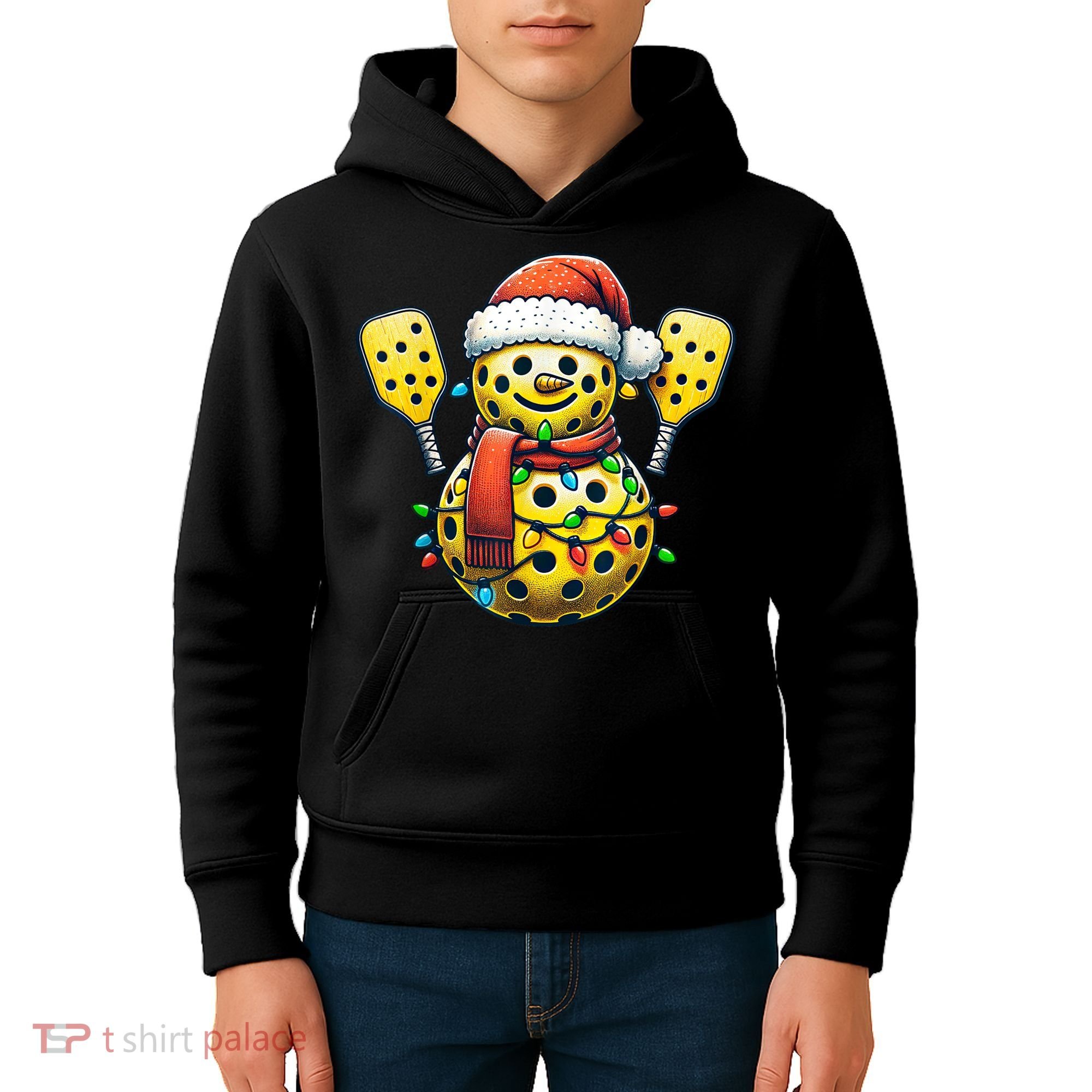 Pickleball Snowman Santa Hat Lights Christmas Pickleball Kids Hoodie