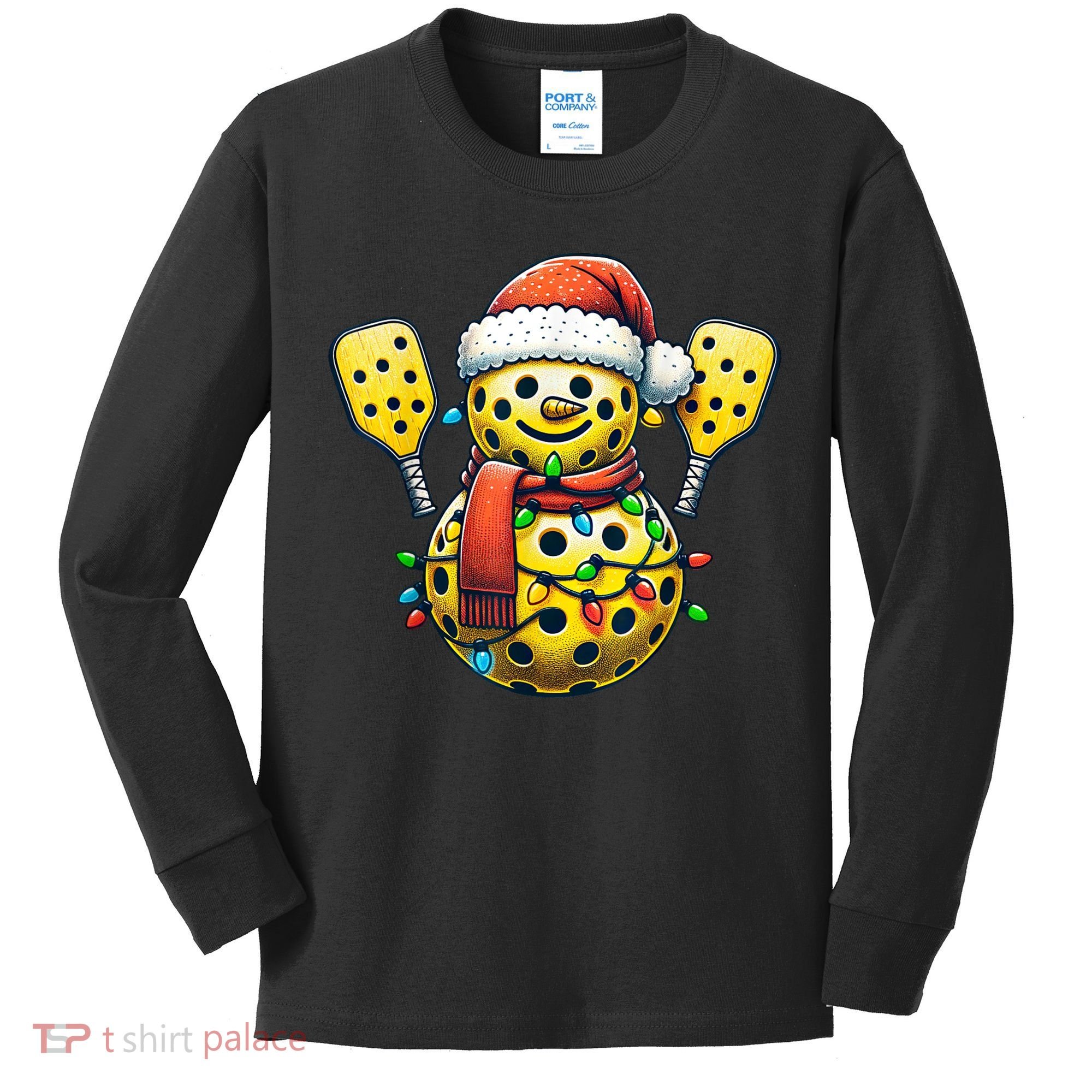 Pickleball Snowman Santa Hat Lights Christmas Pickleball Kids Long Sleeve Shirt