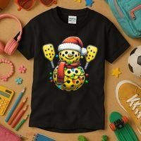 Pickleball Snowman Santa Hat Lights Christmas Pickleball Kids T-Shirt thumb 3