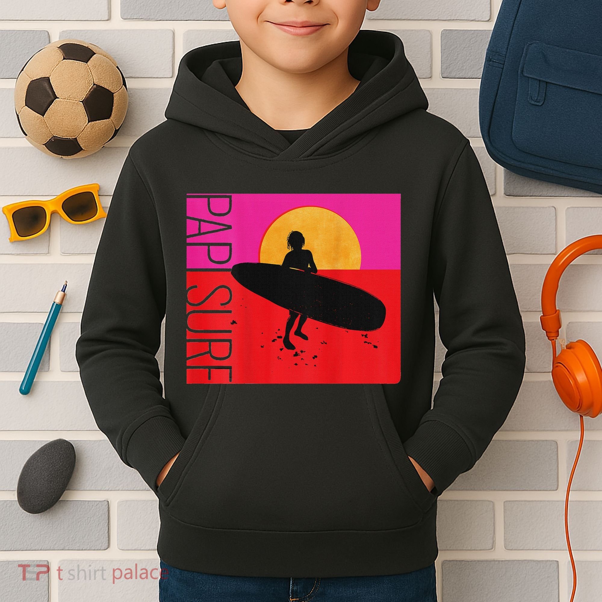 Papi Surf Sunset Surfboard Kids Hoodie